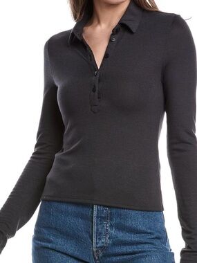 rag & bone LEA RIBBED Long-Sleeve Polo Top in Charcoal